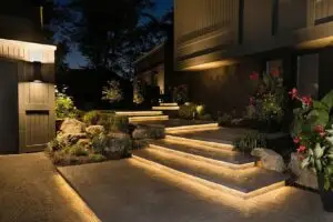 downlit lights illuminating entrance to modern home in Columbus, OH